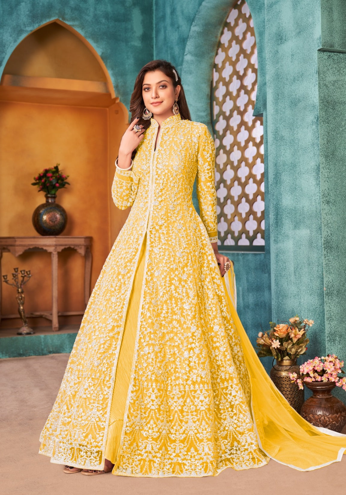 Pinterest Haldi Function Dress For Bride Ready To Wear Yellow Net