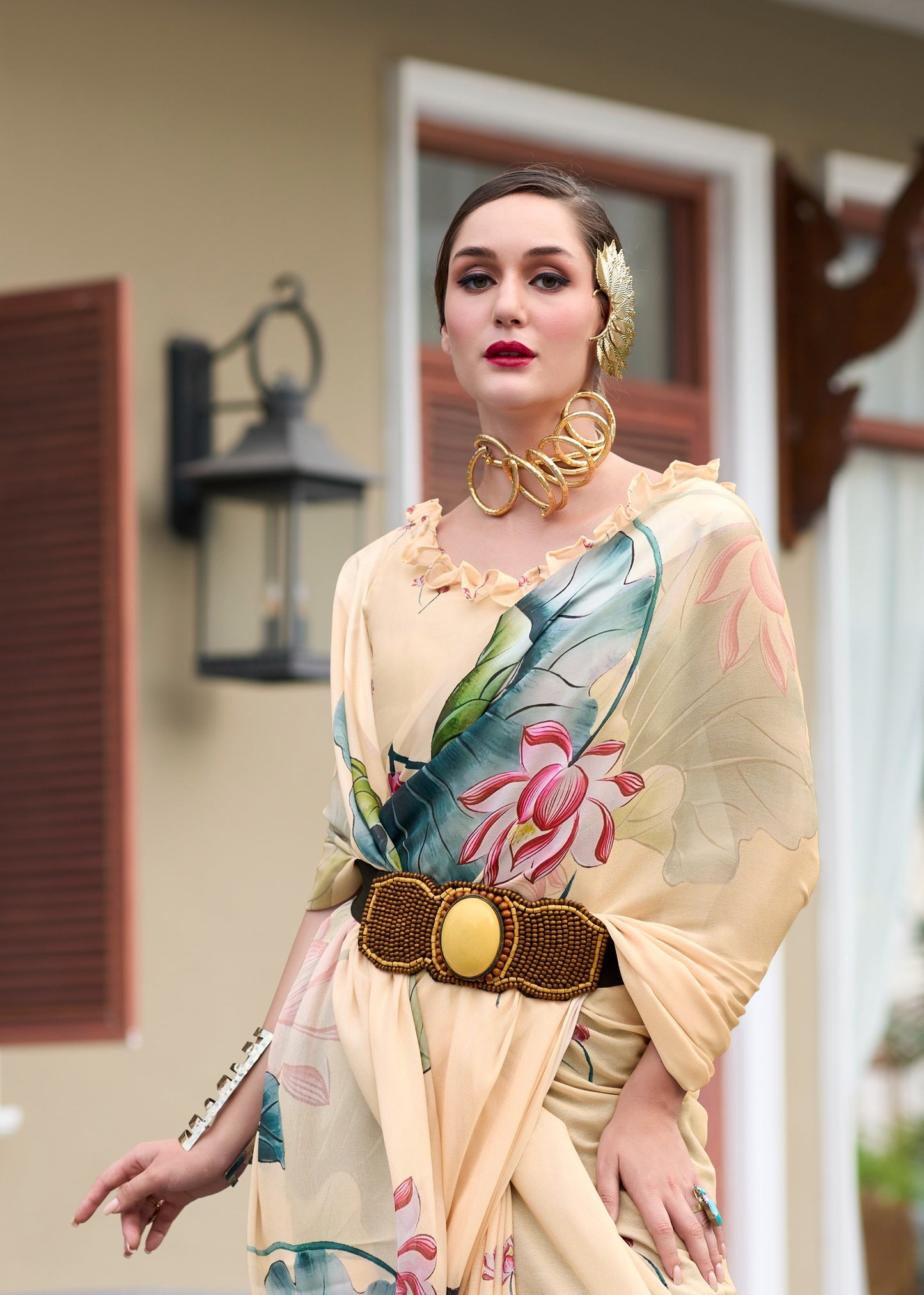 Beige color georgette printed saree for women with price