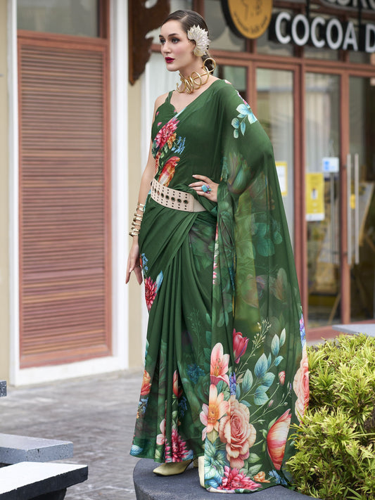 Green color georgette printed saree for women online shopping