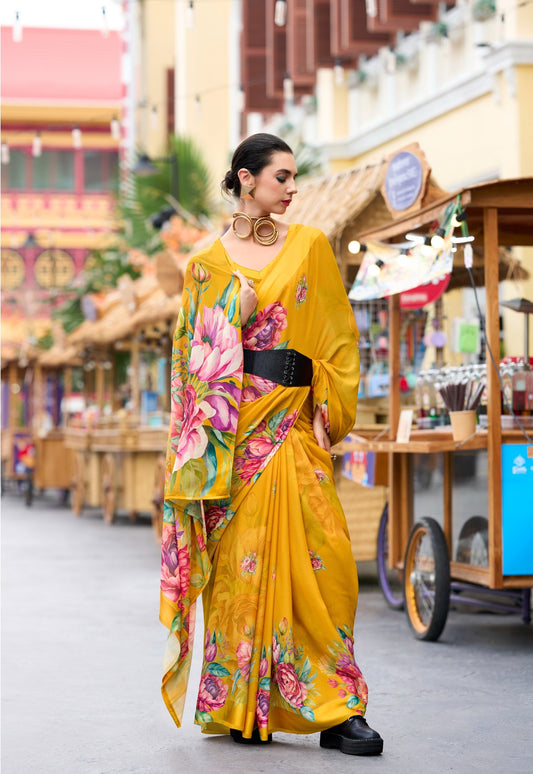 Yellow color georgette printed saree for women online shopping