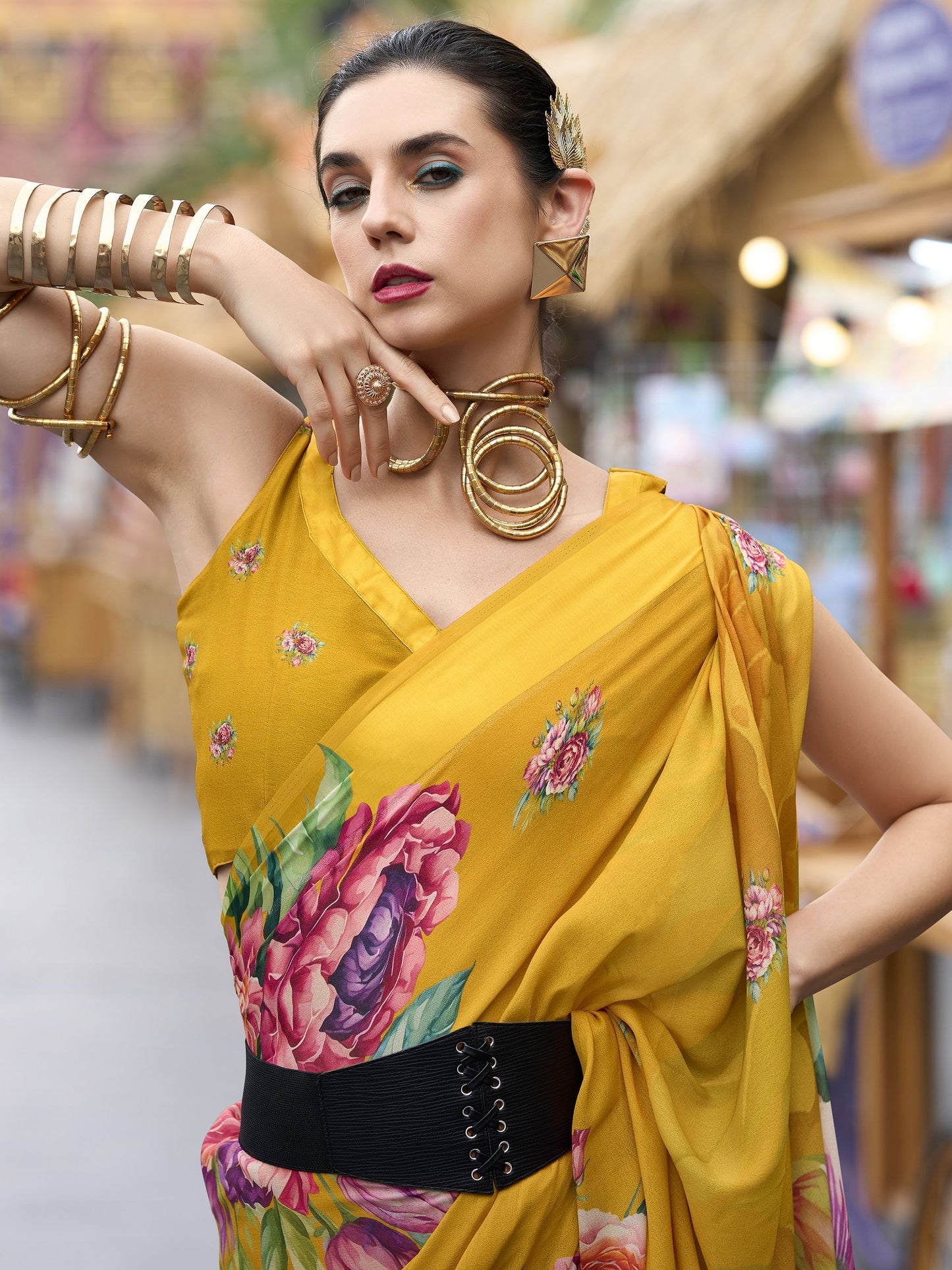Yellow color georgette printed saree for women online price