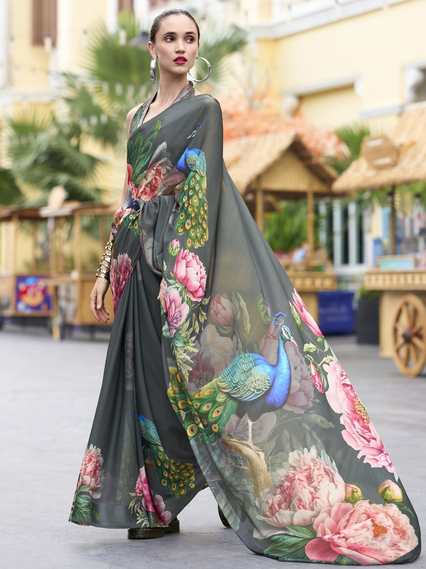Grey color georgette printed saree for women online shopping