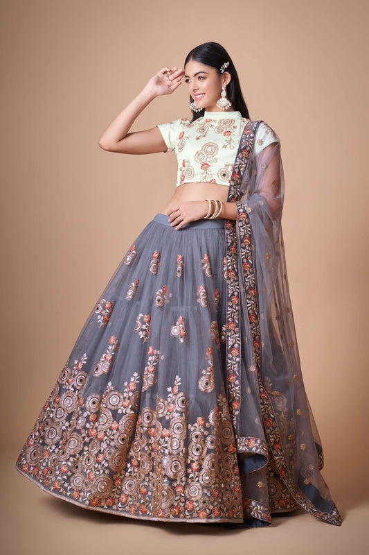 grey net wedding lehenga