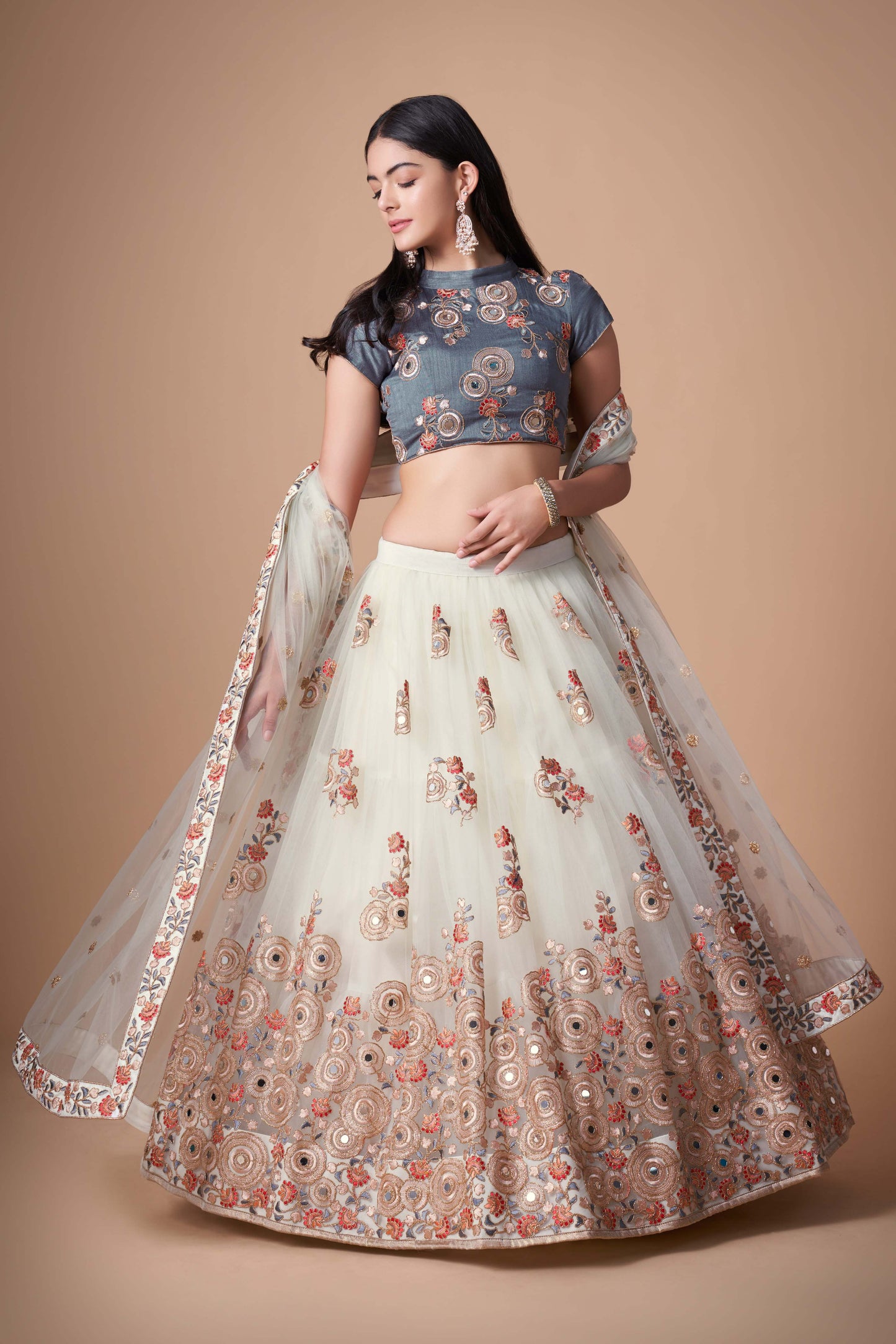 Ivory color net lehenga choli for women