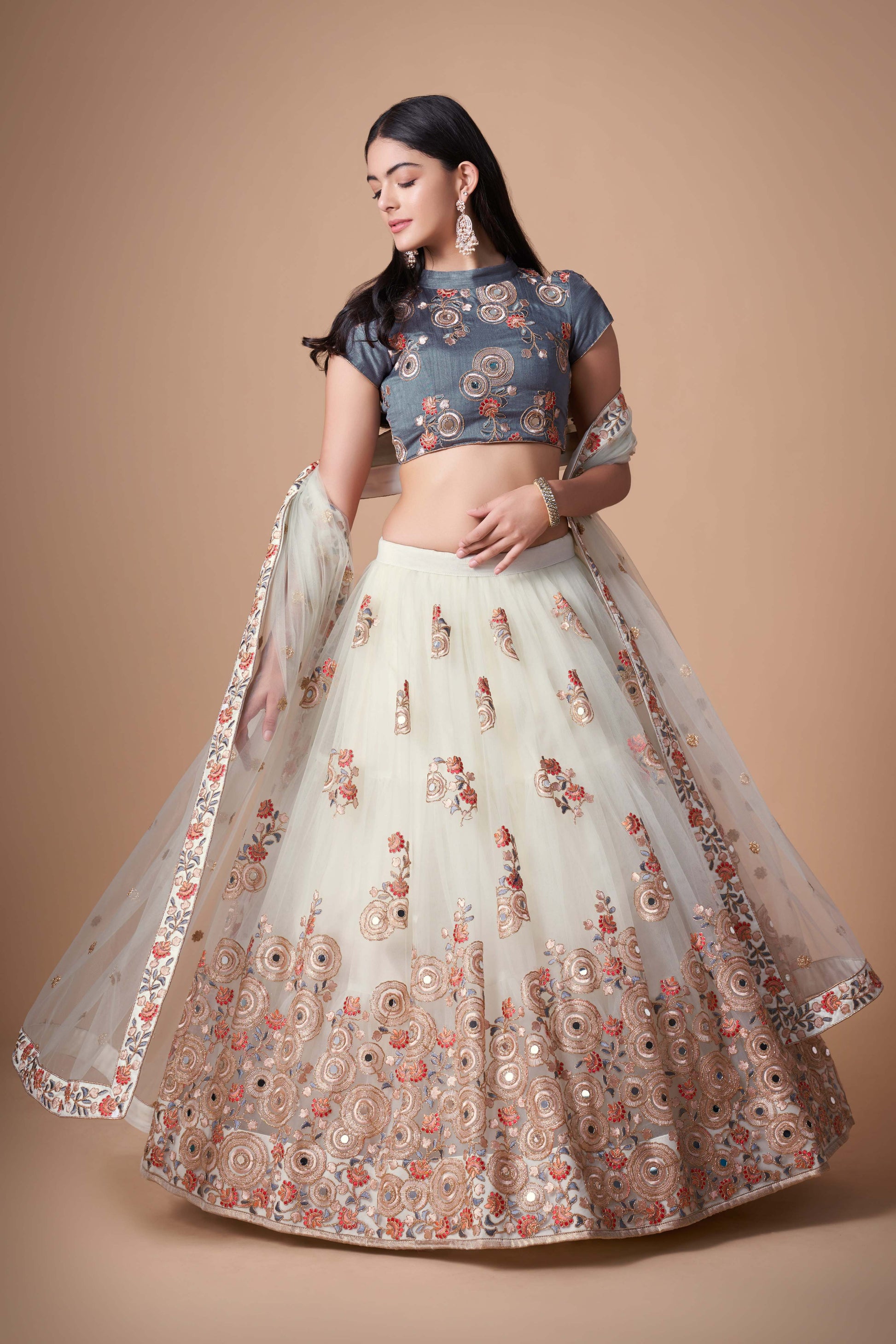 Ivory color net lehenga choli for women