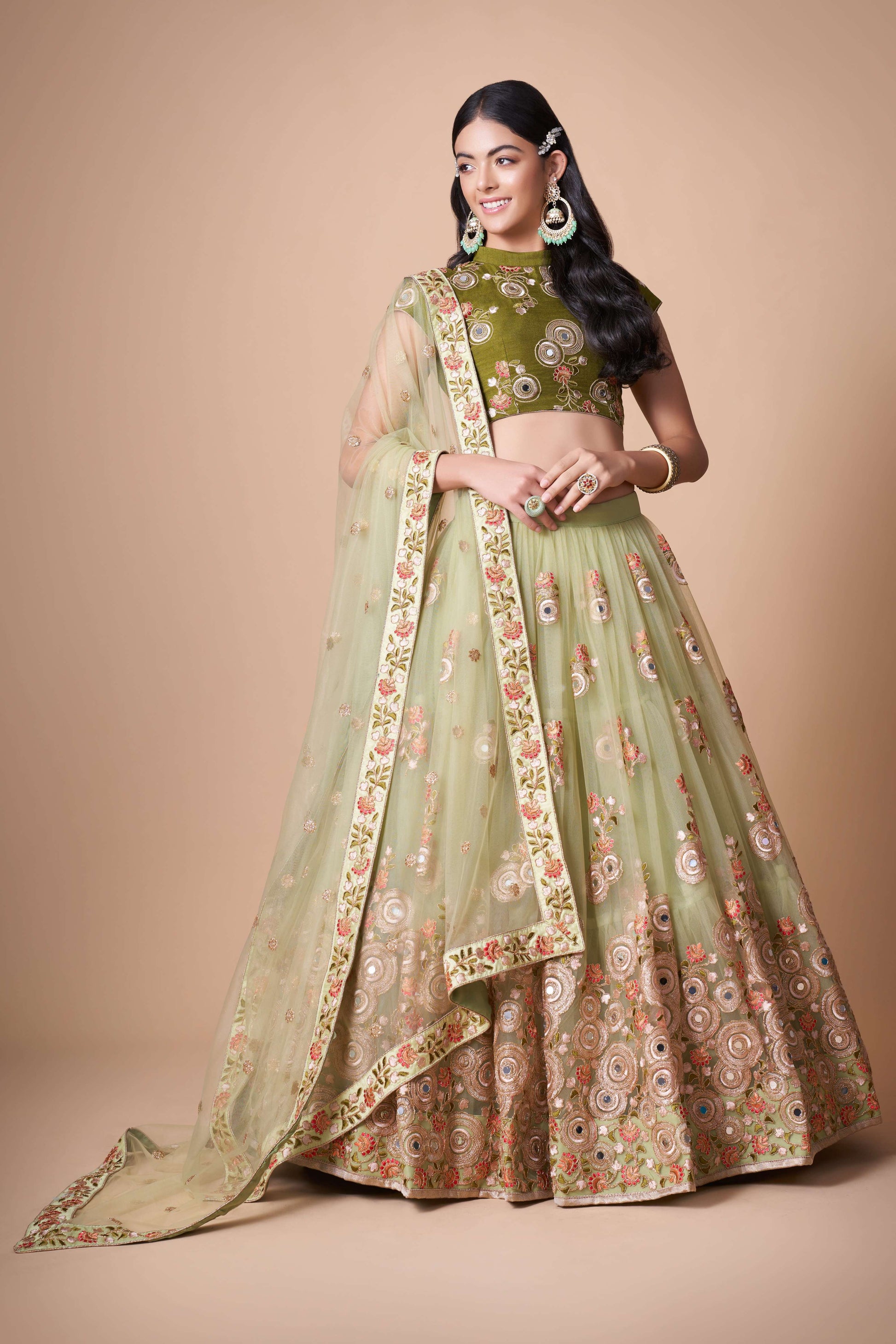 soft net pista lehenga for wedding