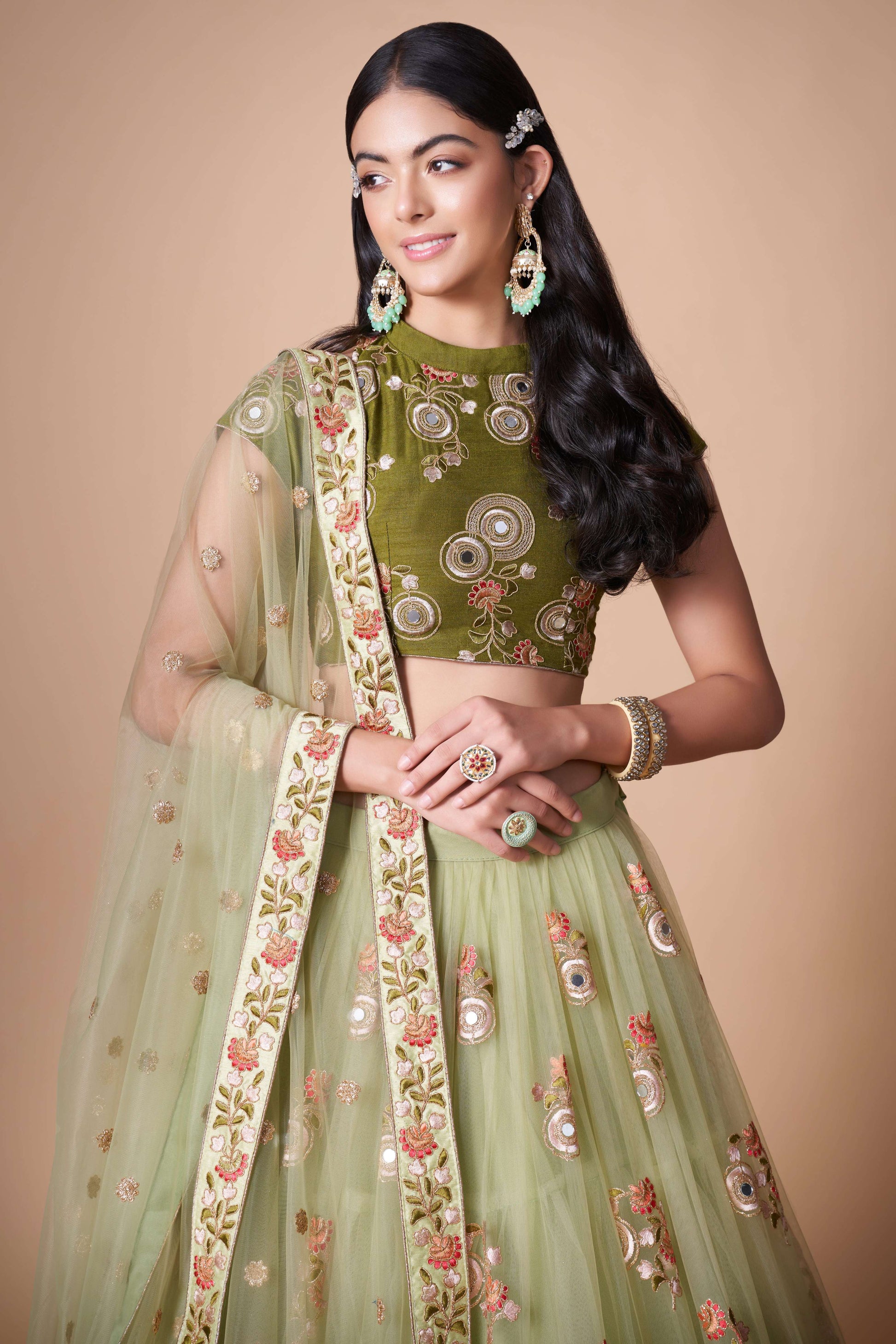 soft net pista lehenga engagement