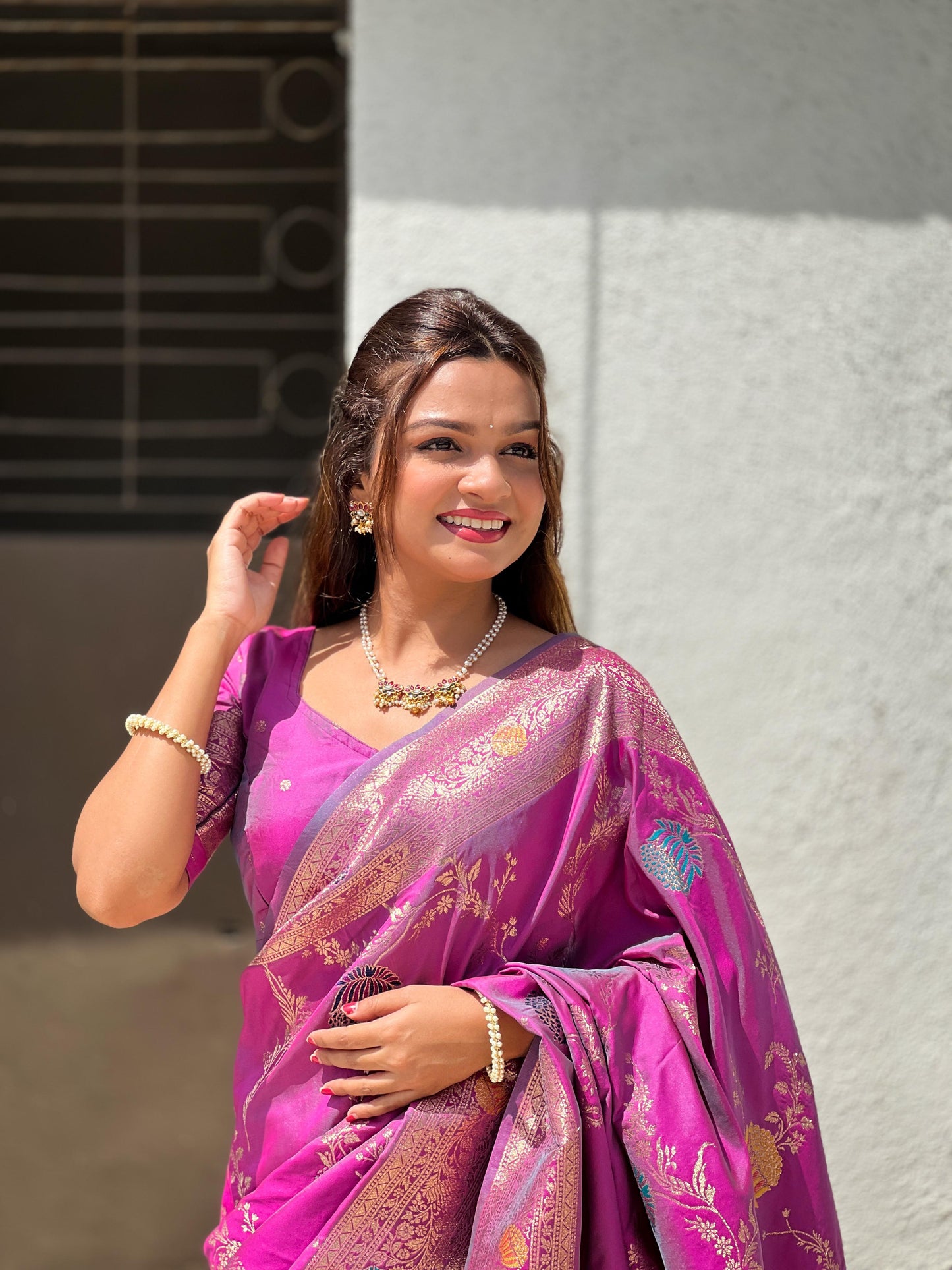 Pink color banarasi silk saree with blouse images