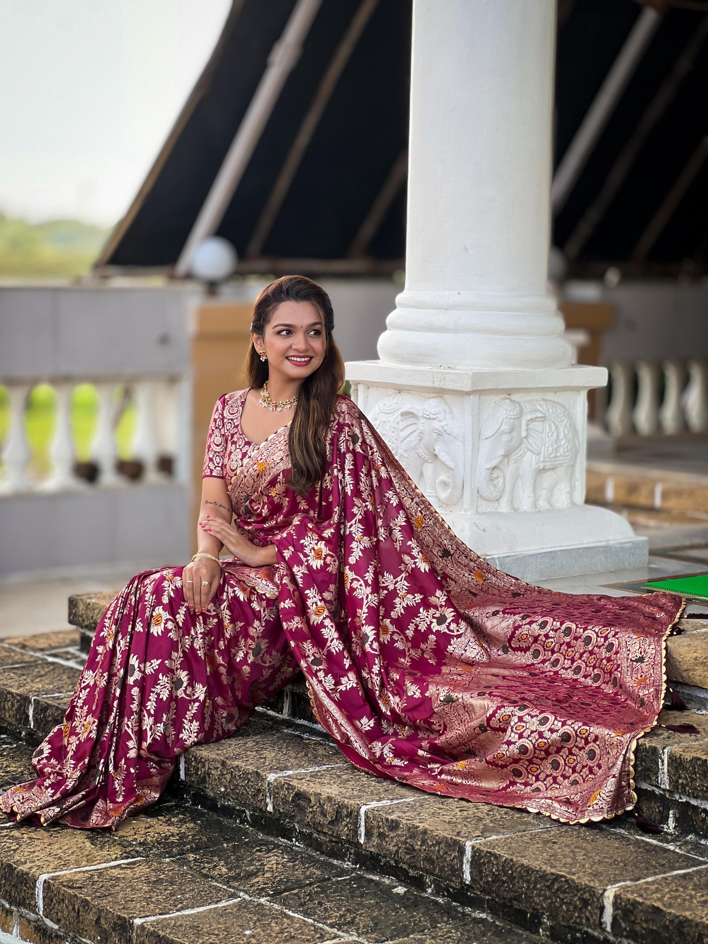Rani pink viscose dola silk saree with blouse