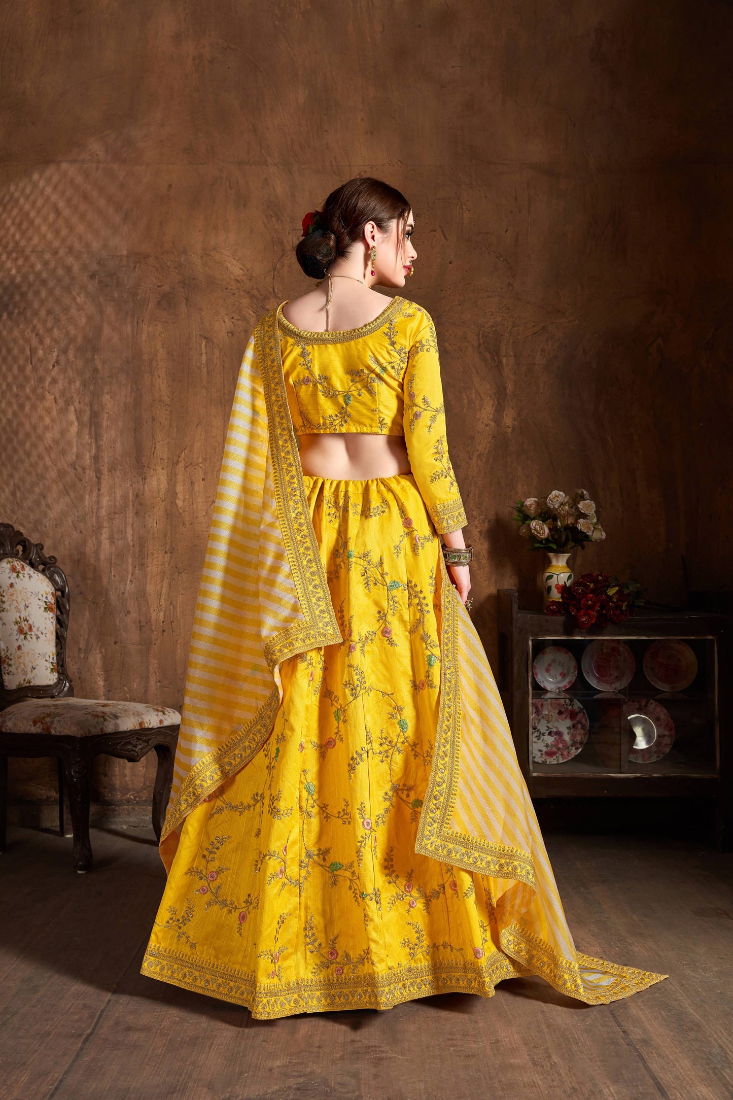 Yellow color embroidery work ghagra choli price