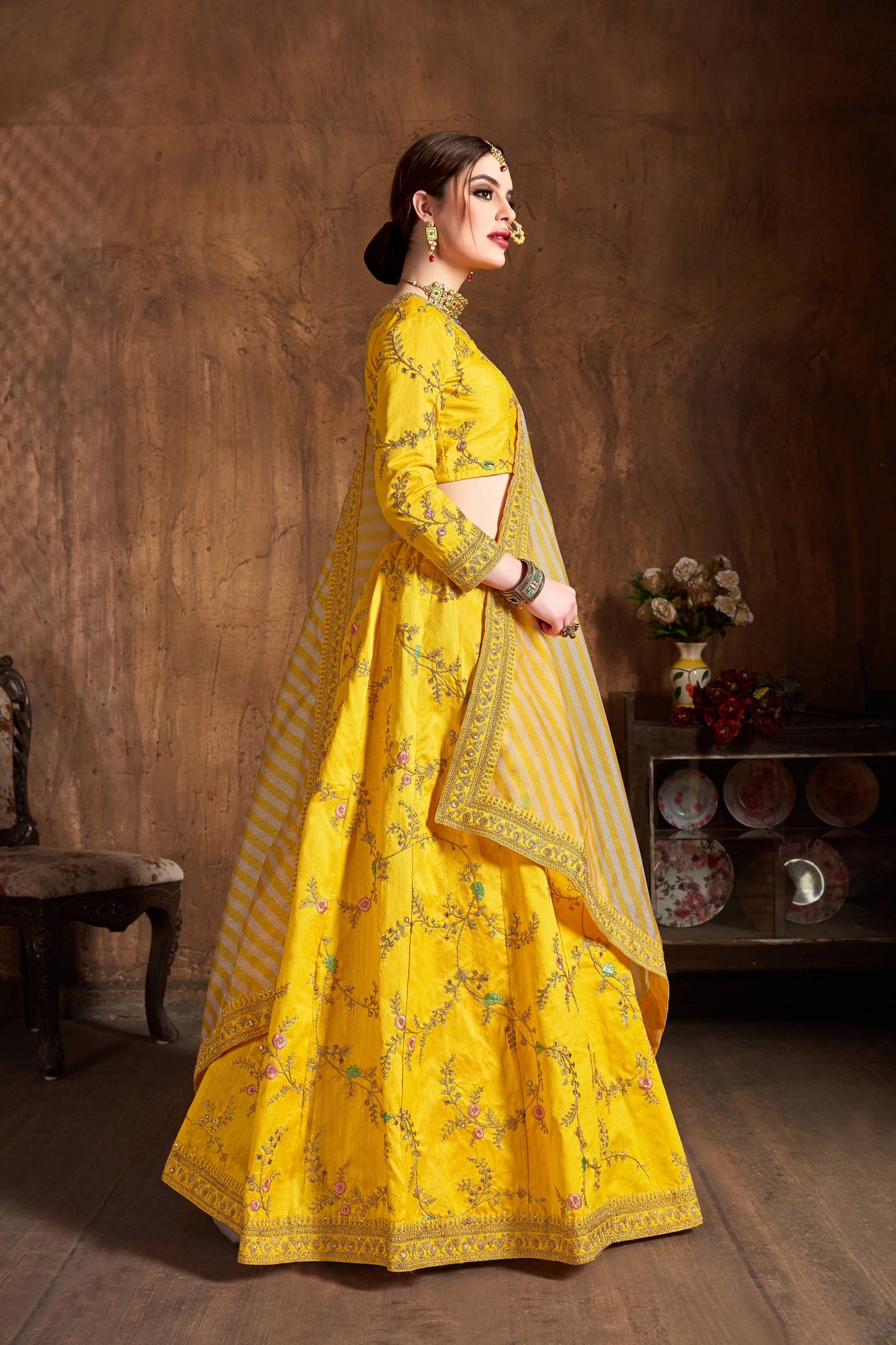 Yellow color mulberry silk chaniya choli for haldi