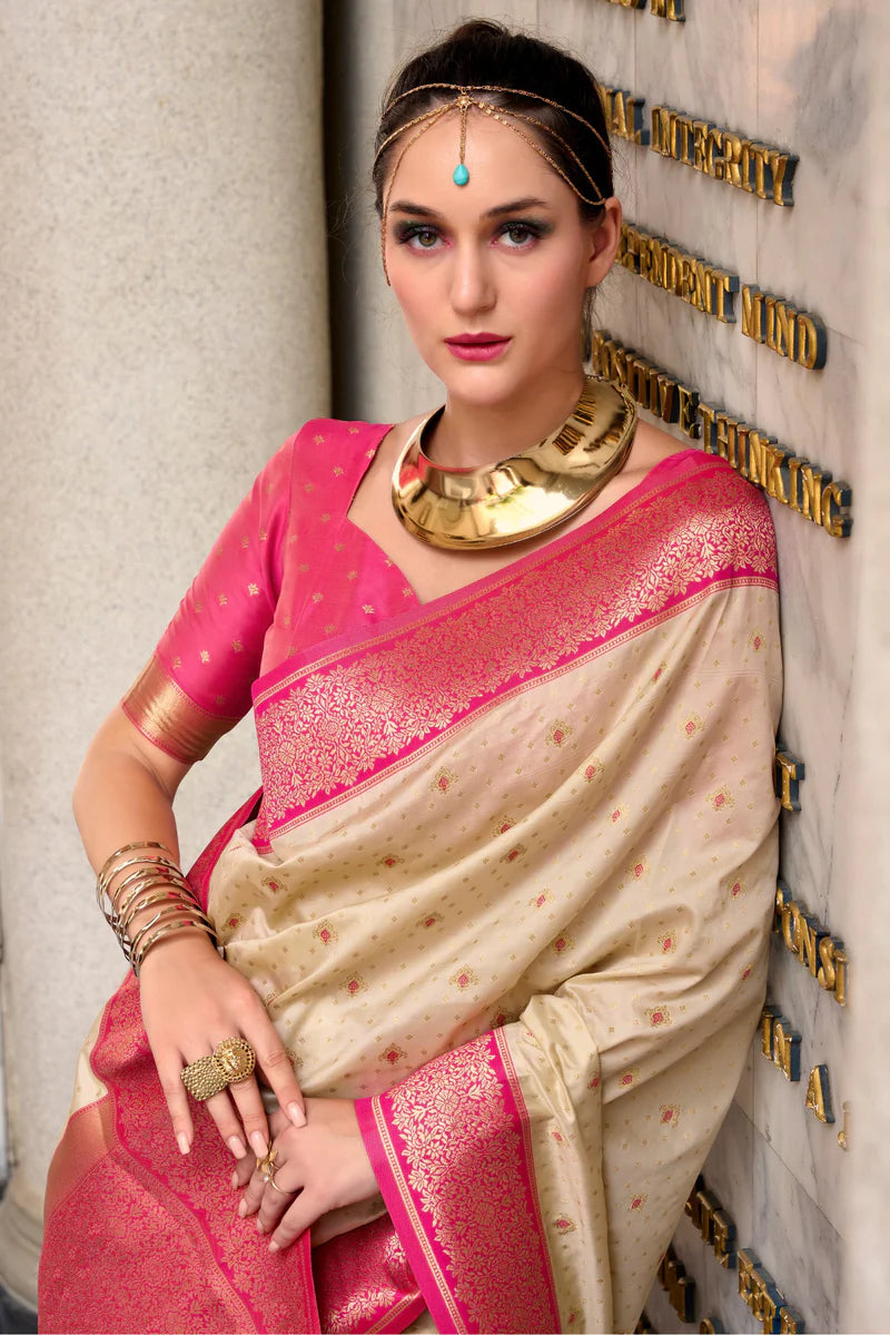 Cream color soft silk saree for women price