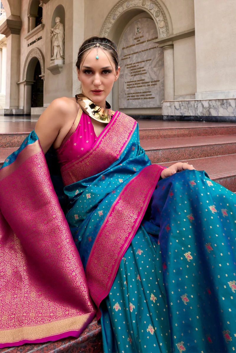 Teal blue color soft silk saree for women price