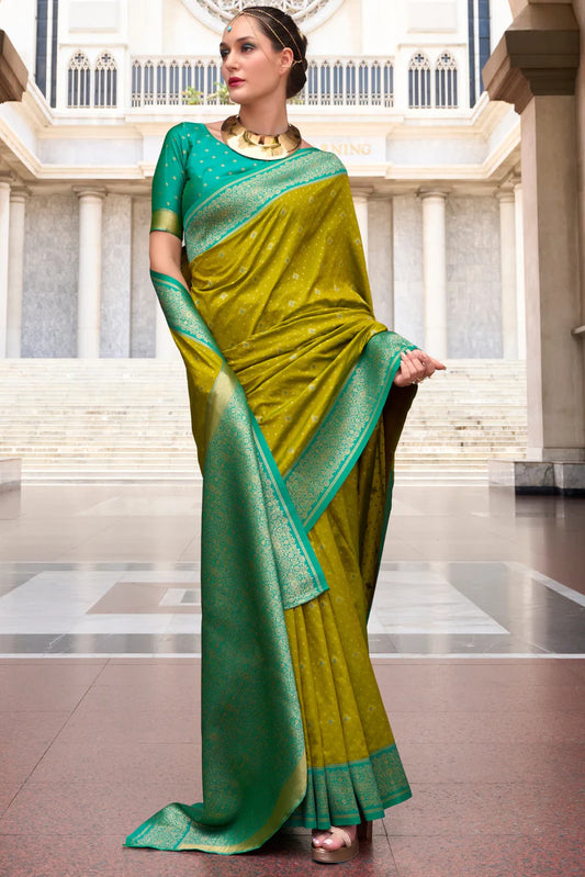 Parrot green color soft silk saree for women online shopping