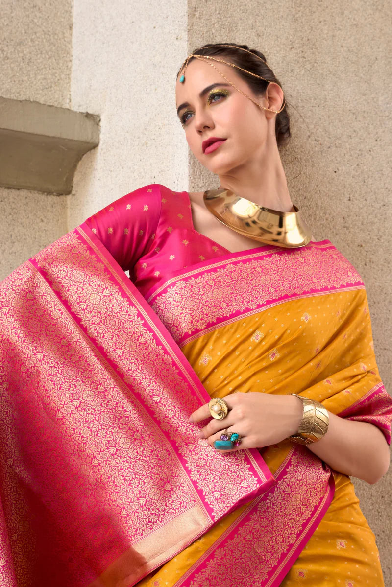 Pure yellow color soft silk saree for women