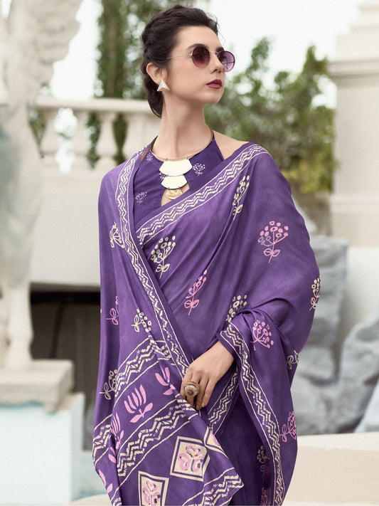 Modern Styles Purple Printed Silk Saree For Engagement