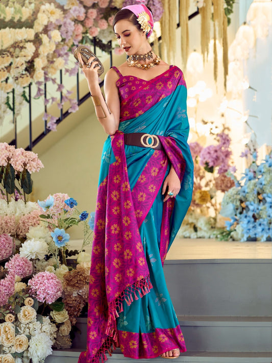 Rama color silk saree with blouse online