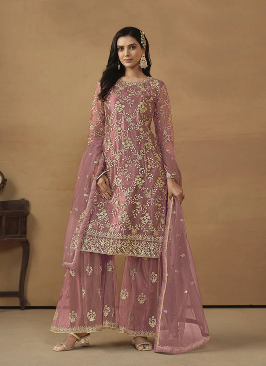 Pink color net sharara suit for women