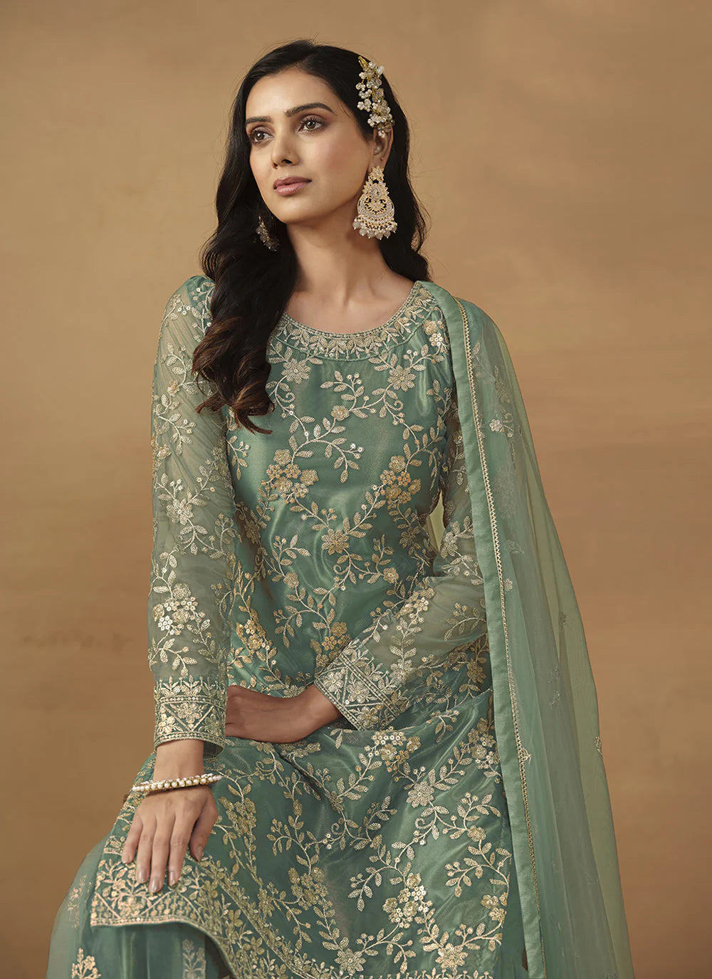Green color net sharara suit online shopping