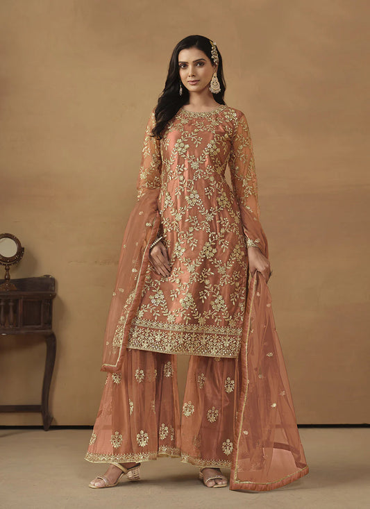 Brown color net sequins work sharara suit images