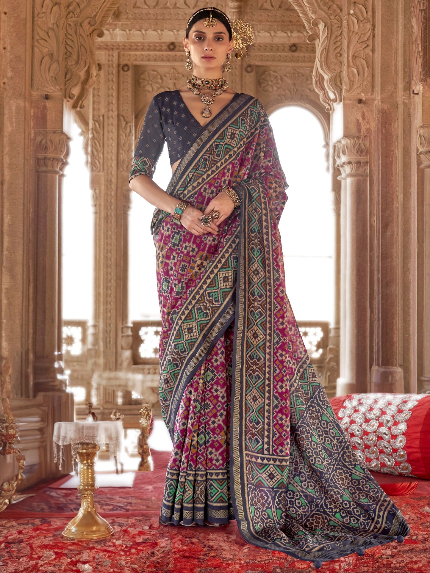 Pink color georgette patola printed saree for women online