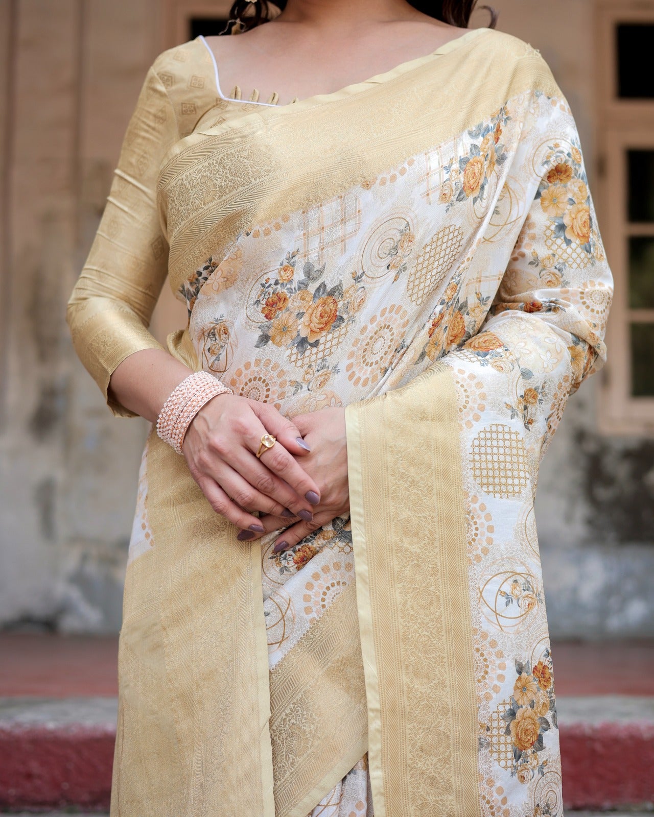 Ivory color banarasi silk saree with blouse online shopping
