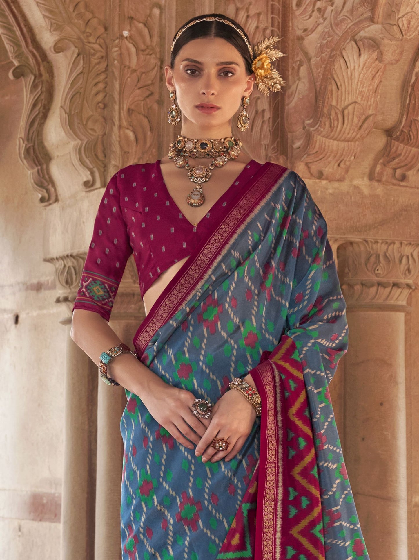 Grey color georgette patola printed saree for women