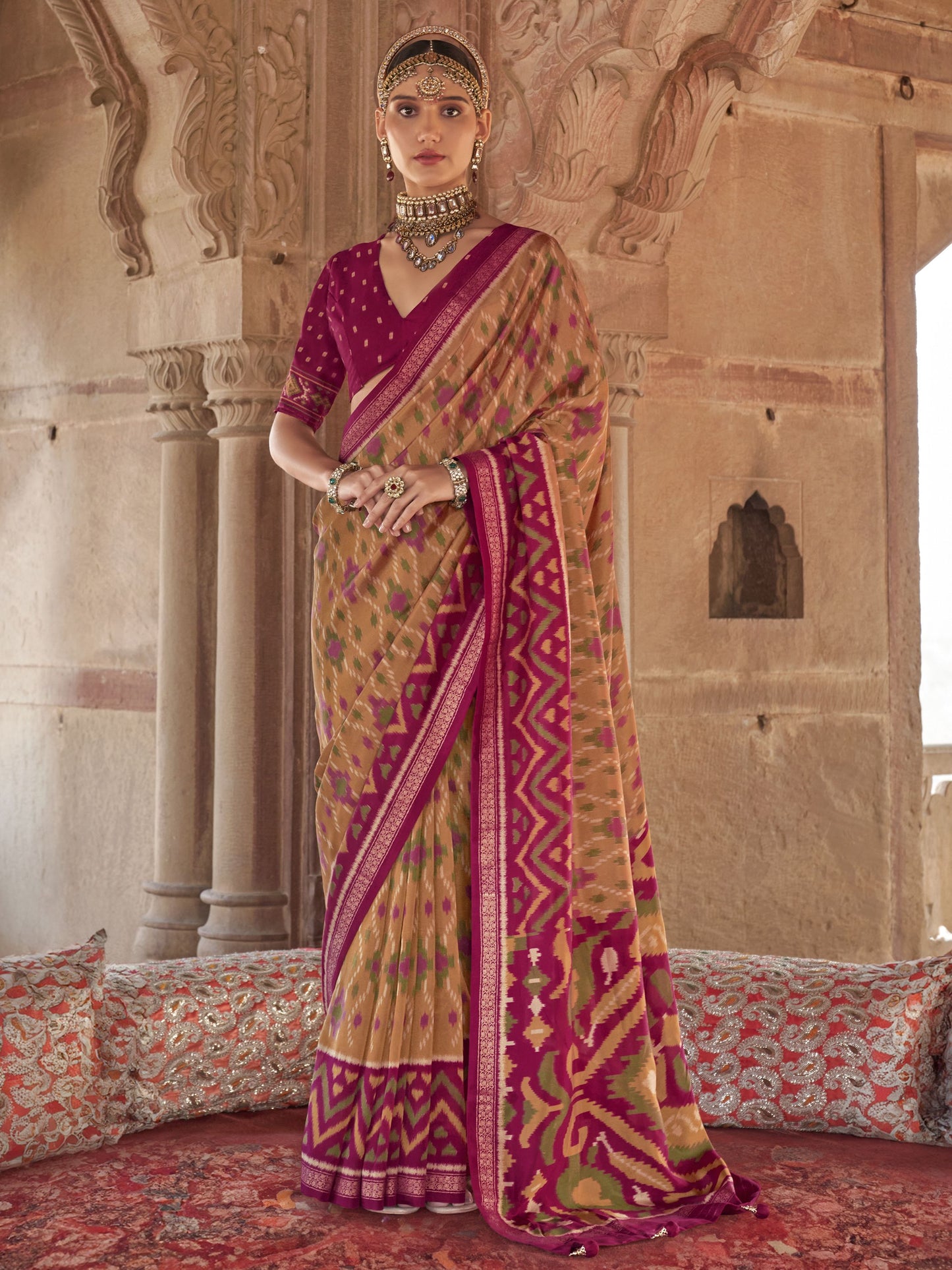 Mustard color georgette printed saree for women