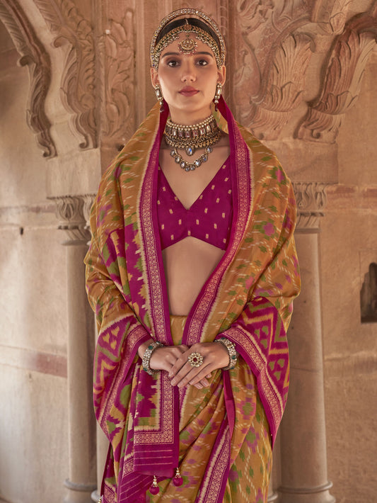 Mustard color georgette printed saree with blouse