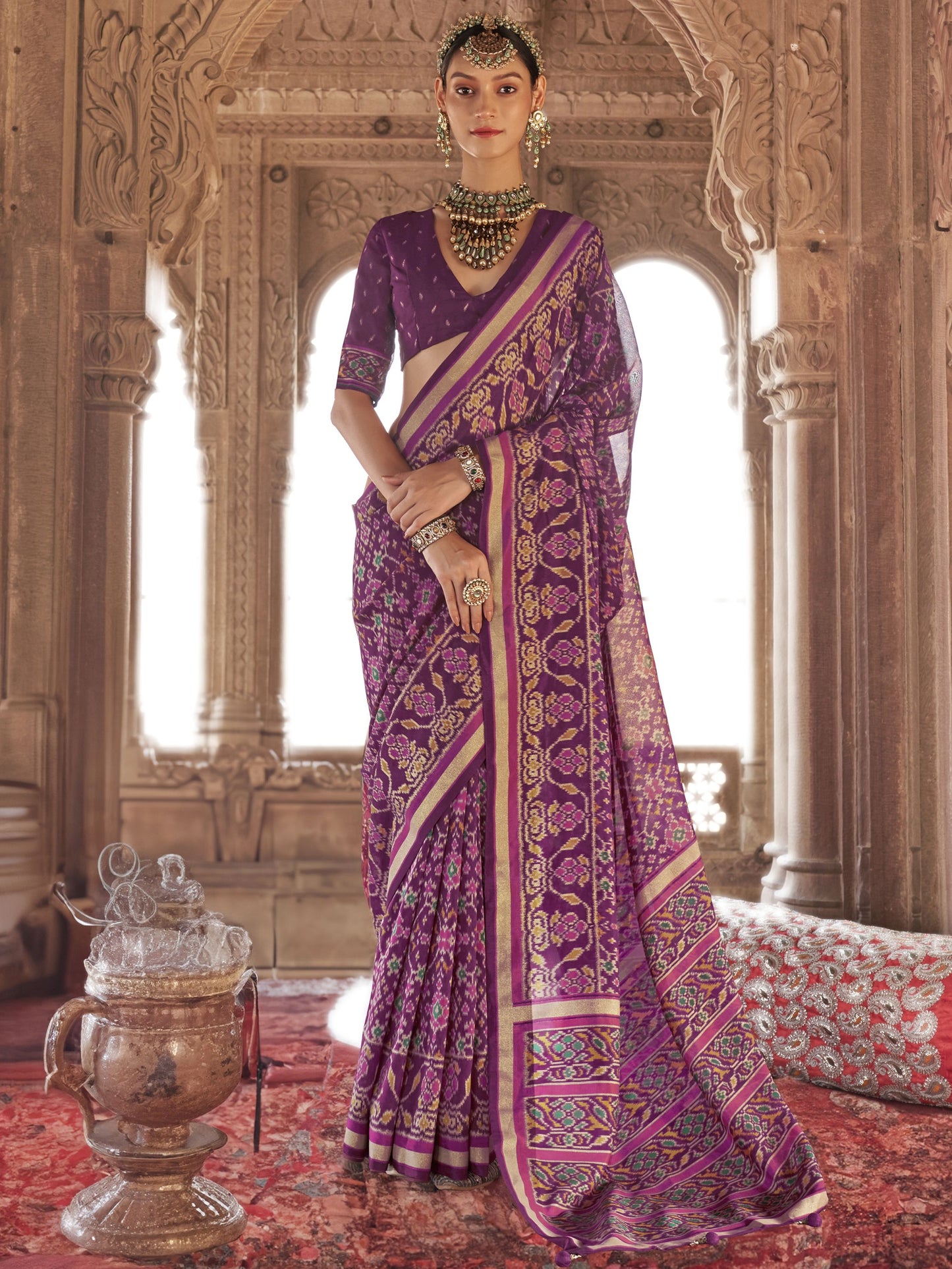 Wine color georgette patola printed saree for women