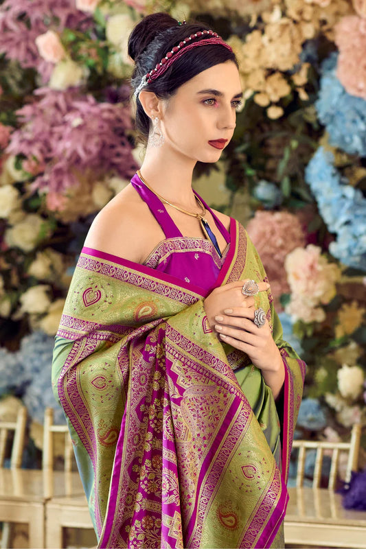 Green color banarasi silk weaving saree for wedding