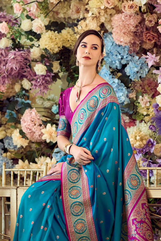 Rama color banarasi silk sareewith blouse images