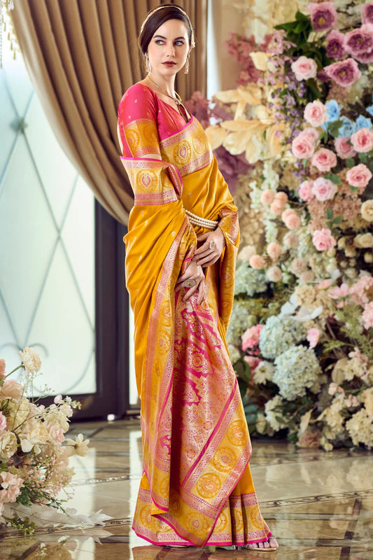 Yellow banarasi silk saree with blouse images