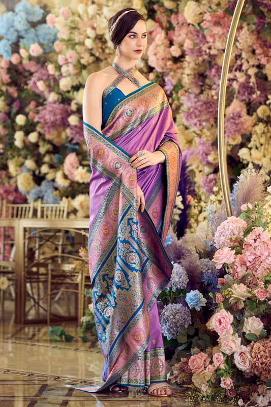 Purple color banarasi silk saree for wedding