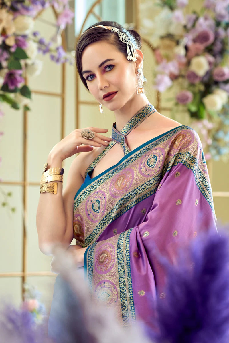 Purple color banarasi silk saree with blouse price