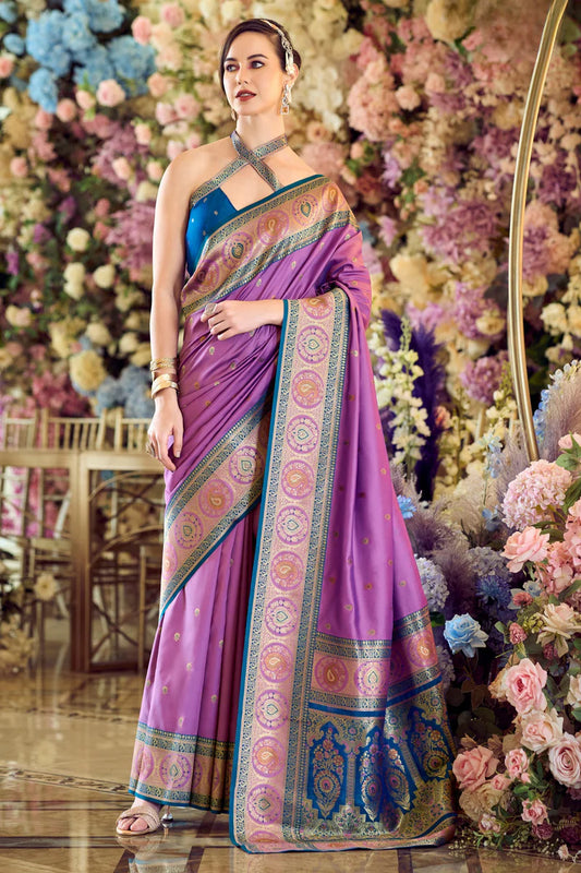 Purple color banarasi silk saree for women
