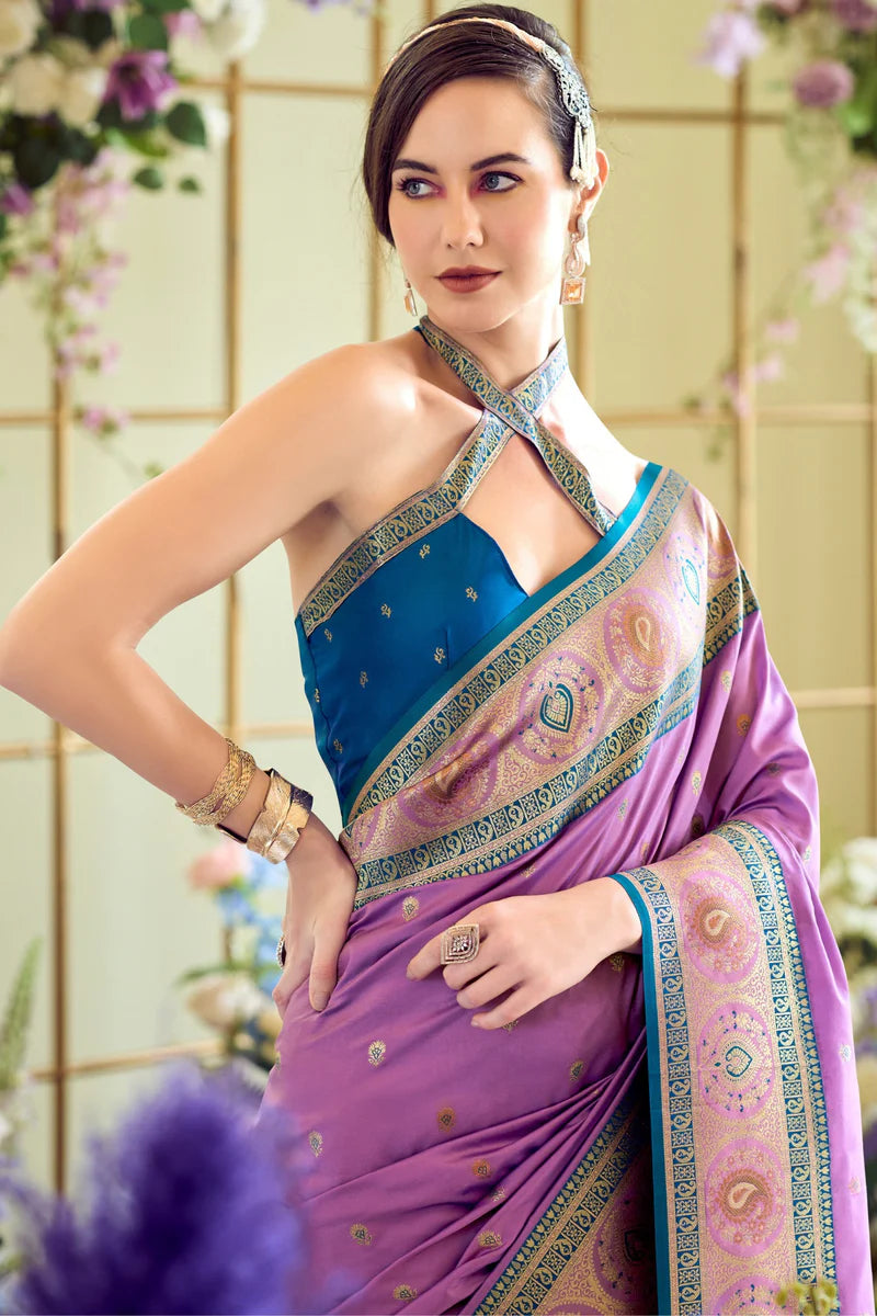 Purple color banarasi silk saree online shopping