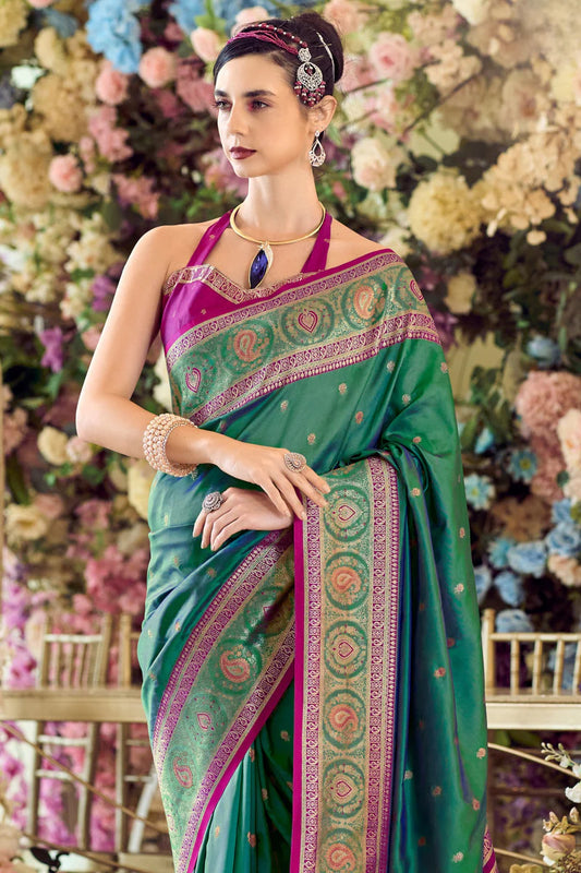 Bottle green color banarasi silk saree with blouse