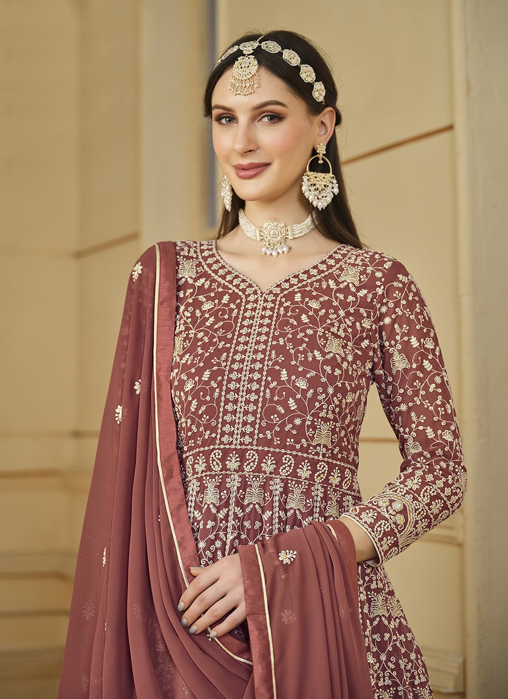 Long brown color georgette gown for women