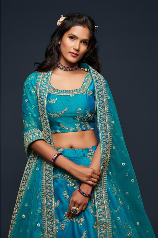 Teal blue color silk lehenga choli bridal with dupatta
