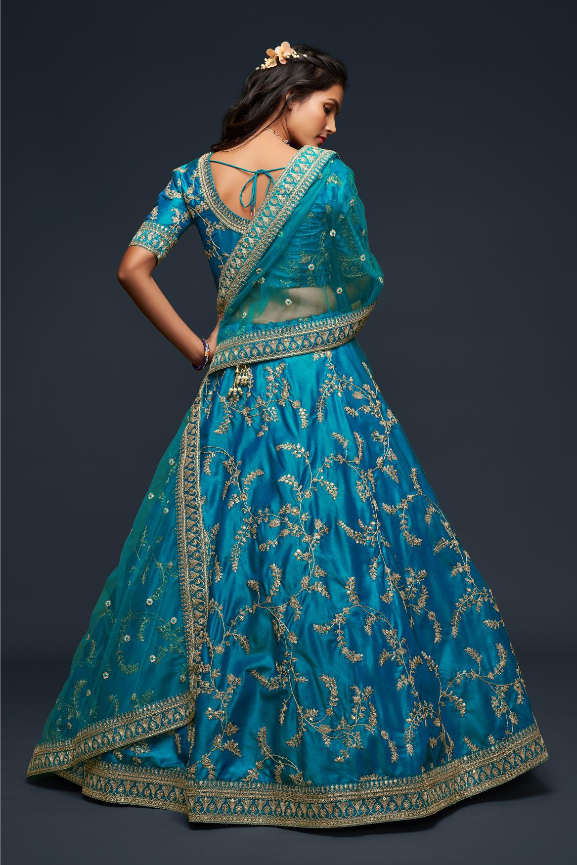Teal blue color silk lehenga choli bridal online shopping