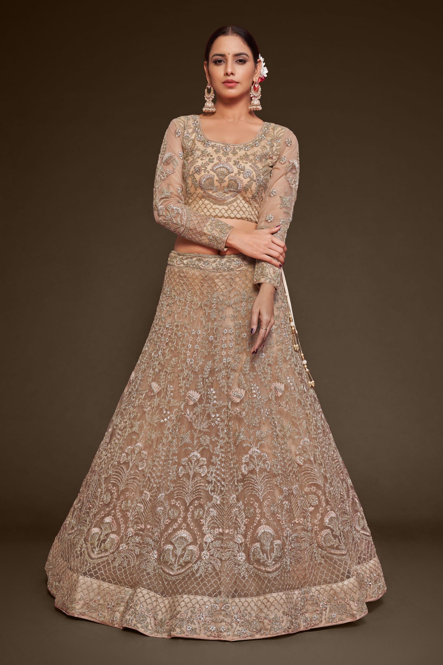 Indian Latest Beige Lehenga Choli For Reception Party Look