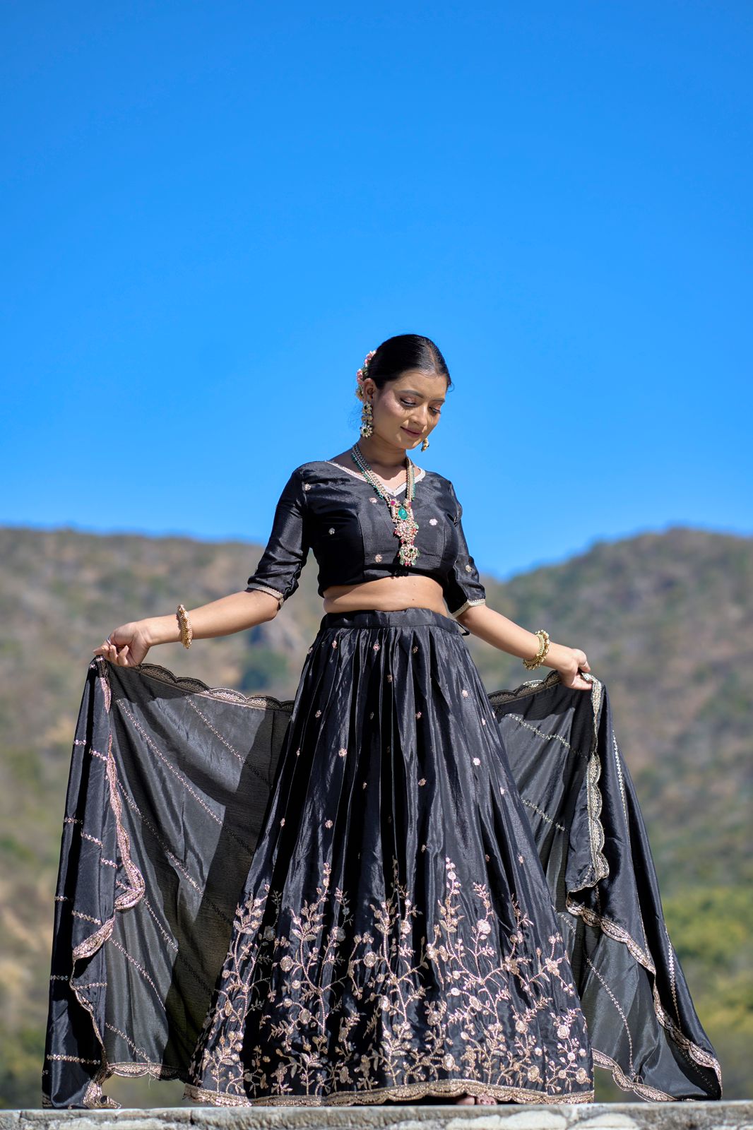 Black color chinon lehenga choli for wedding