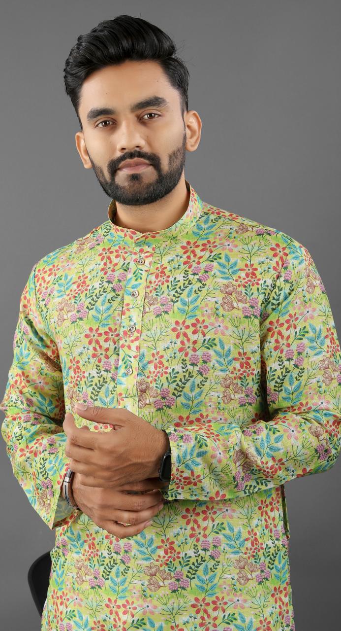 Pista color linen printed readymade kurta price