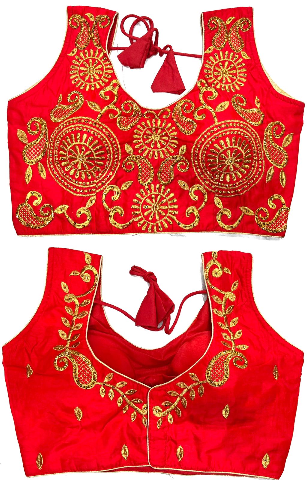 Red color silk thread work sarees and lehenga blouse