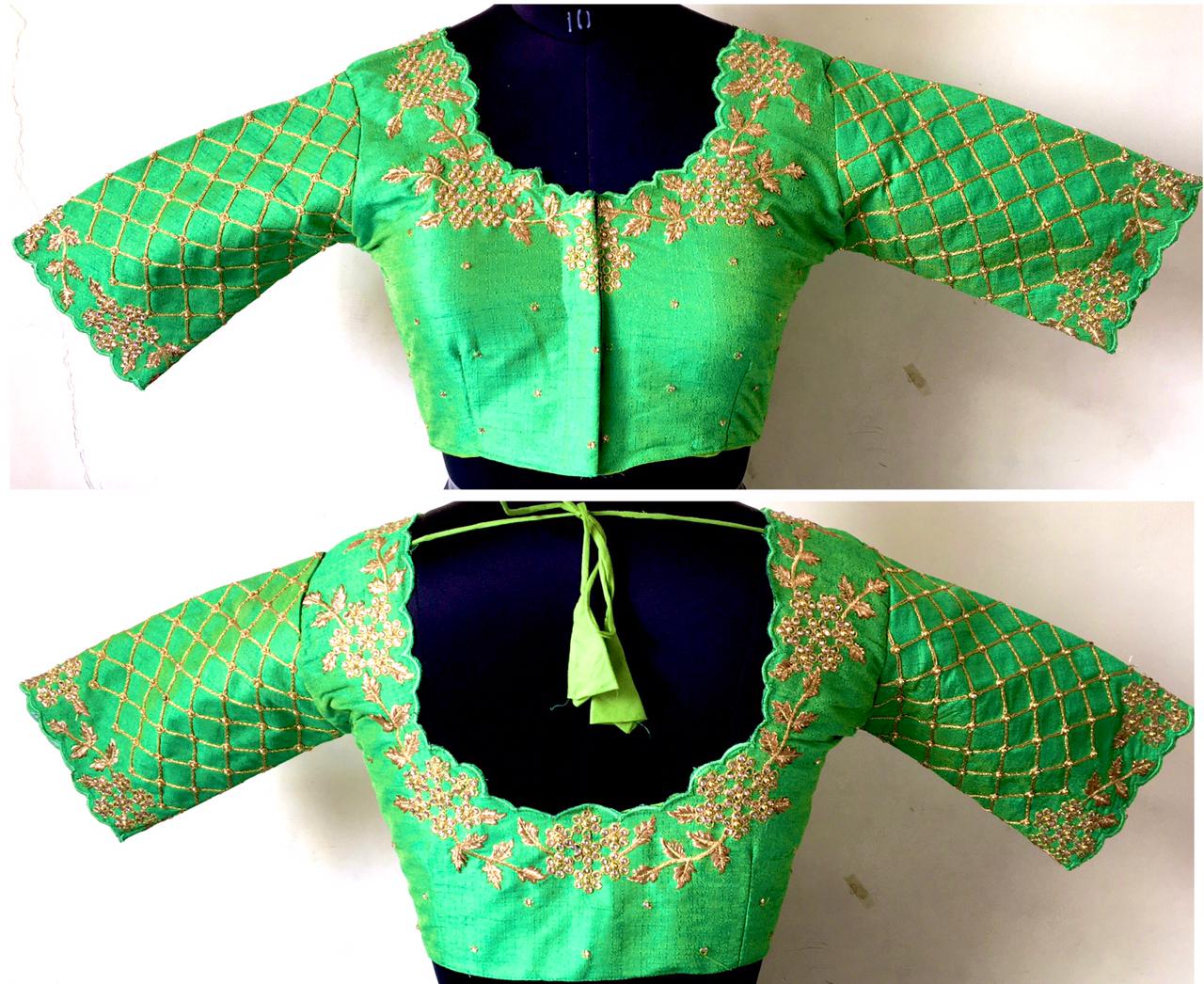 Parrot green color silk hand work blouse images
