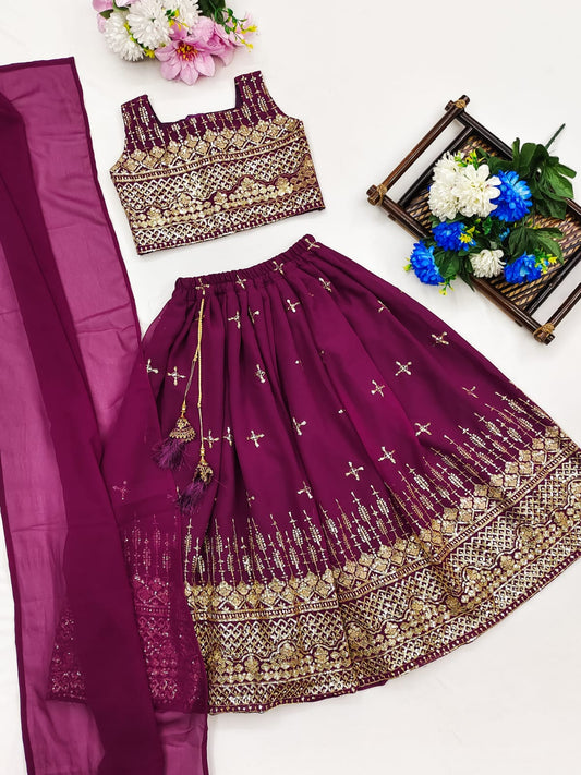 Wine color georgette lehenga choli for small girls online shopping