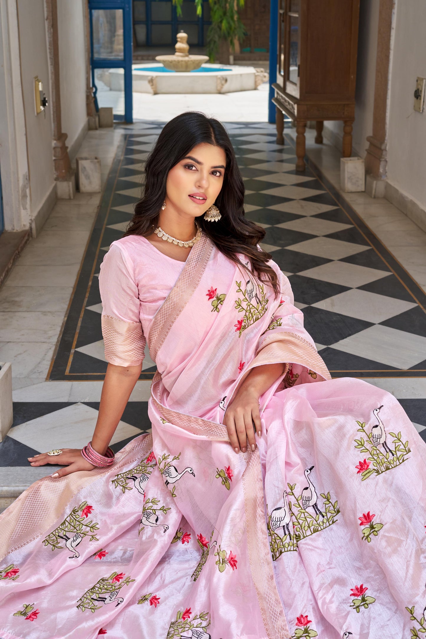 Pink color kota crystal saree with online shopping