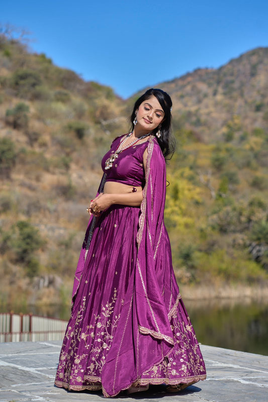 Wine color chinon lehenga choli for women