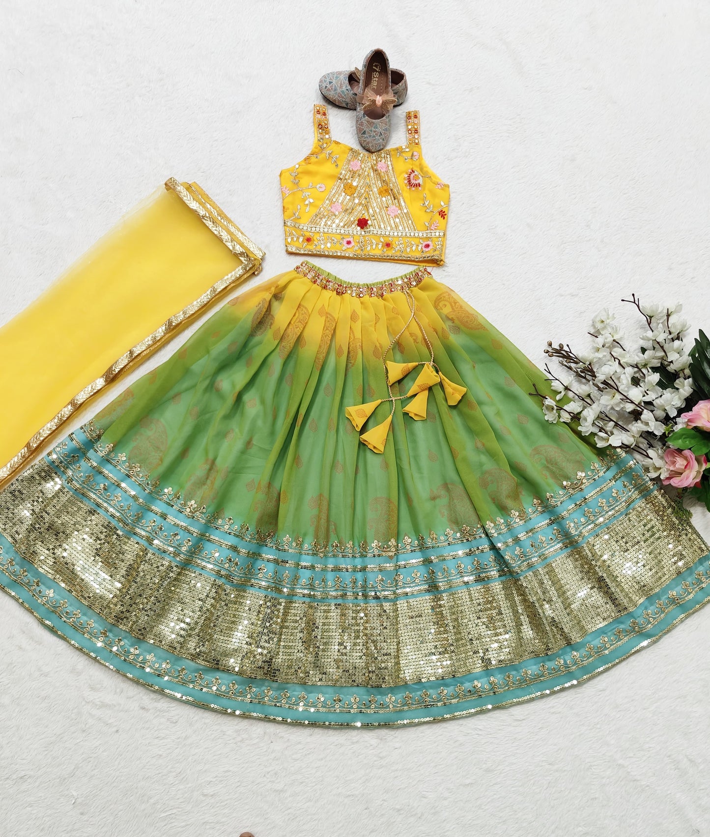 Green georgette lehenga choli for small girls with price